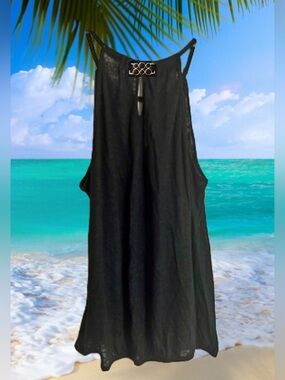 Catalina Black Halter Keholr Sheer Swim Coverup with Gold Trim